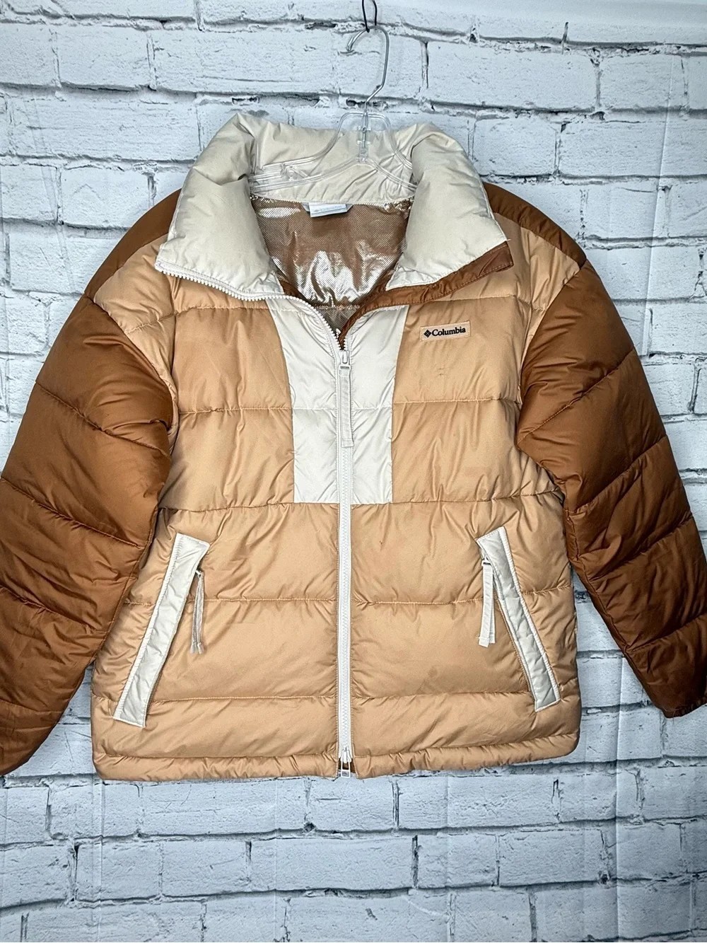 Columbia Women Pike Lake Puffer Jacket Size M Brown Colorblock Omniheat Gorpcore